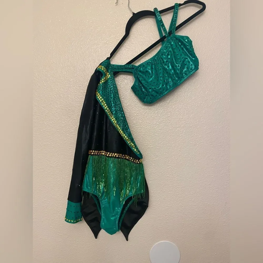 Glamour solo dance costume neon green Feather rhinestone embellished leotard XLC